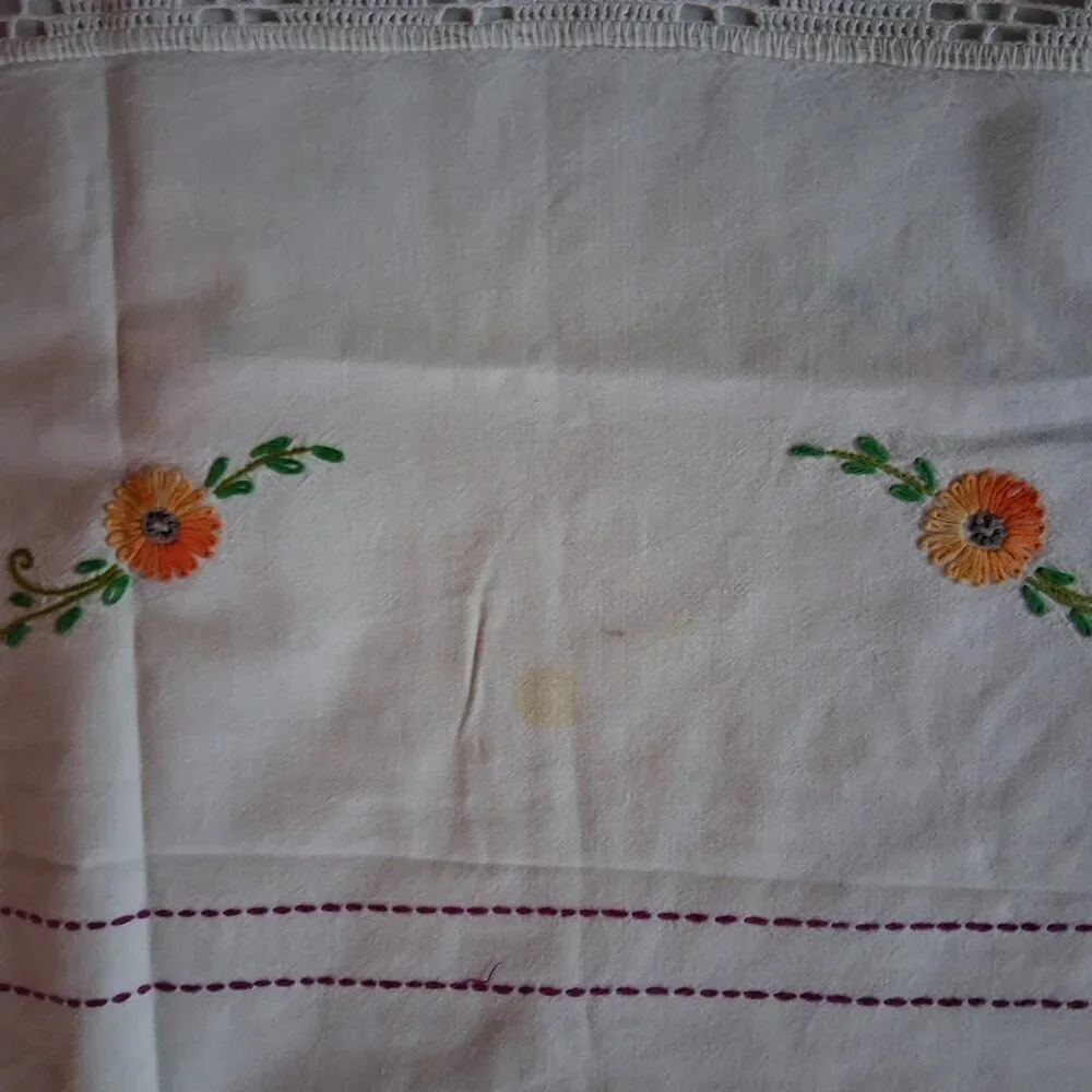 Vintage 1950s Hand Embroidered Easter Basket Tablecloth 72x53 w/ Crochet Trim